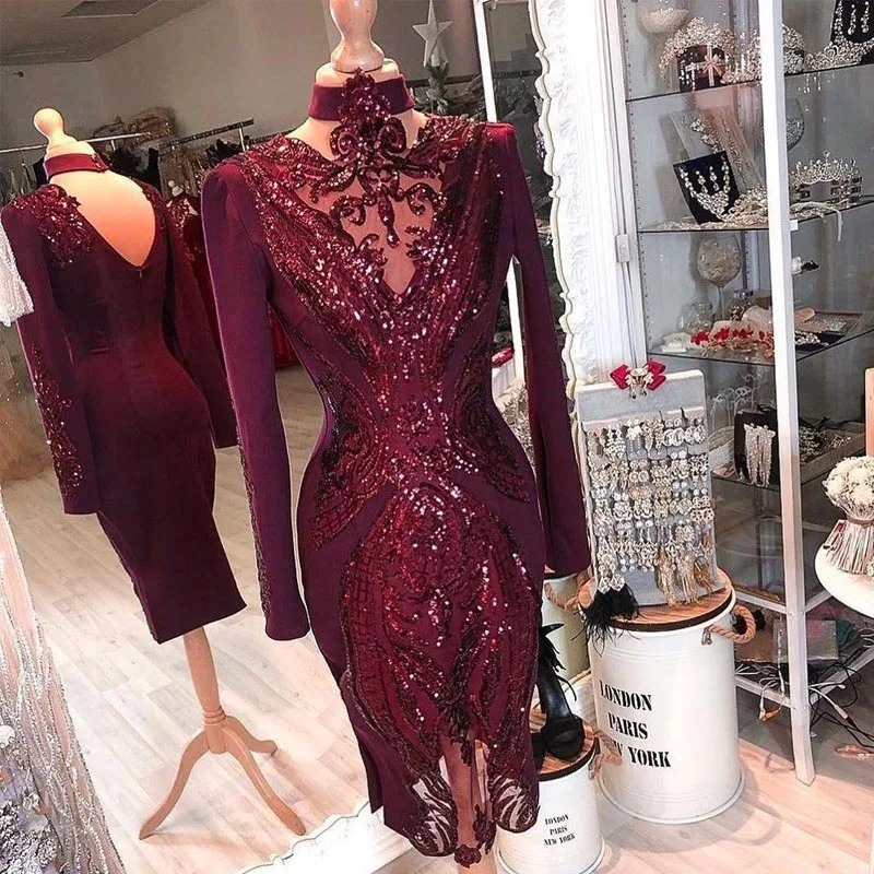 

Sparkly Sheath Knee Length Prom Dresses High Neck V Cut Back Full Sleeve Sequined Appliques Short Evening Party Dress