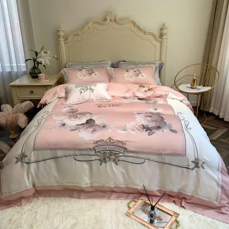 600TC Tencel Шелковый натуральный шелк комплект мягкого постельного белья King queen размер с цветочным принтом шикарный пододеяльник простыня комплект наволочка - Цвет: Color 2