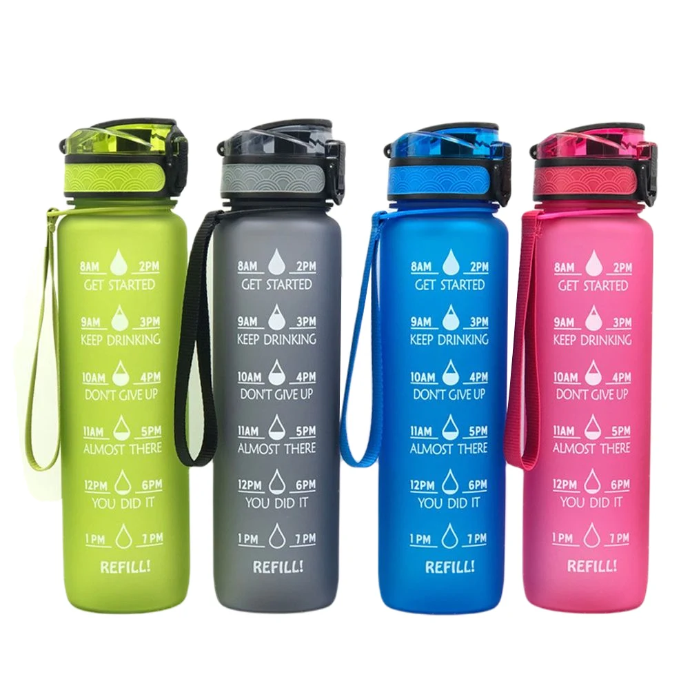 

Fitness Sport Water Bottle, with Time Marker and Removable Strainer Flip Top Open Leakproof Durable BPA Free Non-Toxic Kettle