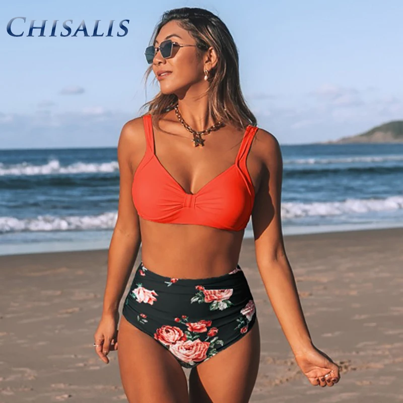 

Новый купальник с принтом, женский купальник 2021, бикини с V-образным вырезом, бикини с высокой талией, однотонный топ, бикини для плавания, же...