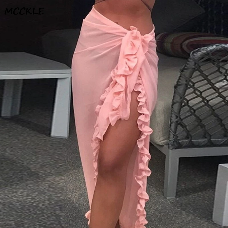 

New Chiffon Ruffles Split Long Skirts Women Solid Sexy Sunscreen Women Skirt 2020 Summer Laced Up Ladies Beachwear Sand Skirt