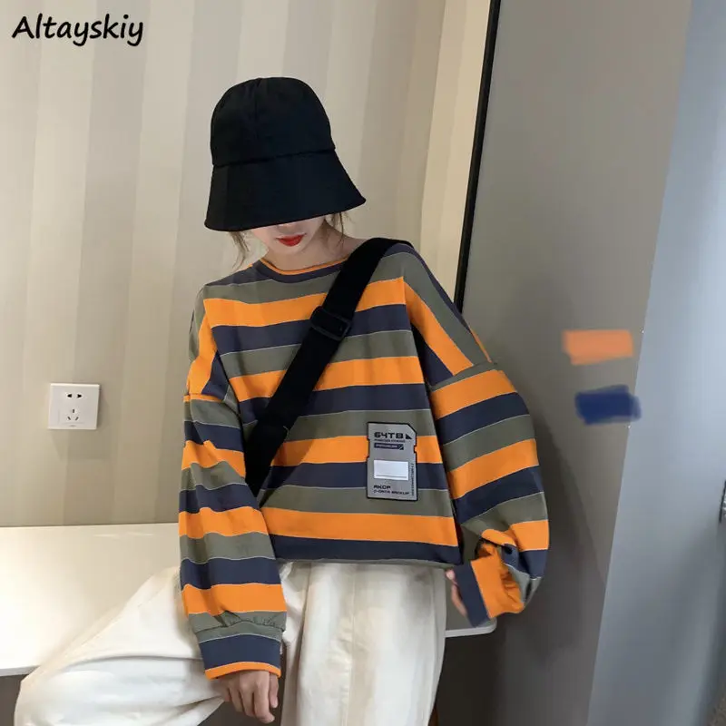 

Укороченные женские футболки в полоску с круглым вырезом и длинным рукавом, Модные свободные шикарные уличные женские топы в Корейском сти...