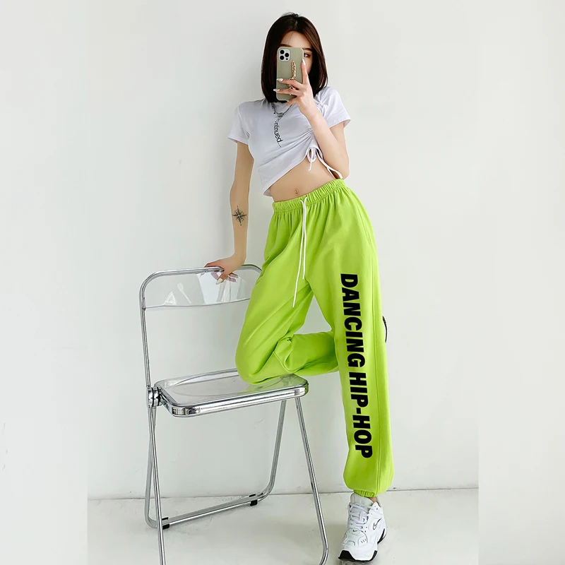 

2021 New Colored Trousers Sports Pants Women Street Dance Hip-hop Loose Beam Feet Thin High Waist Tooling Casual Harem Pants