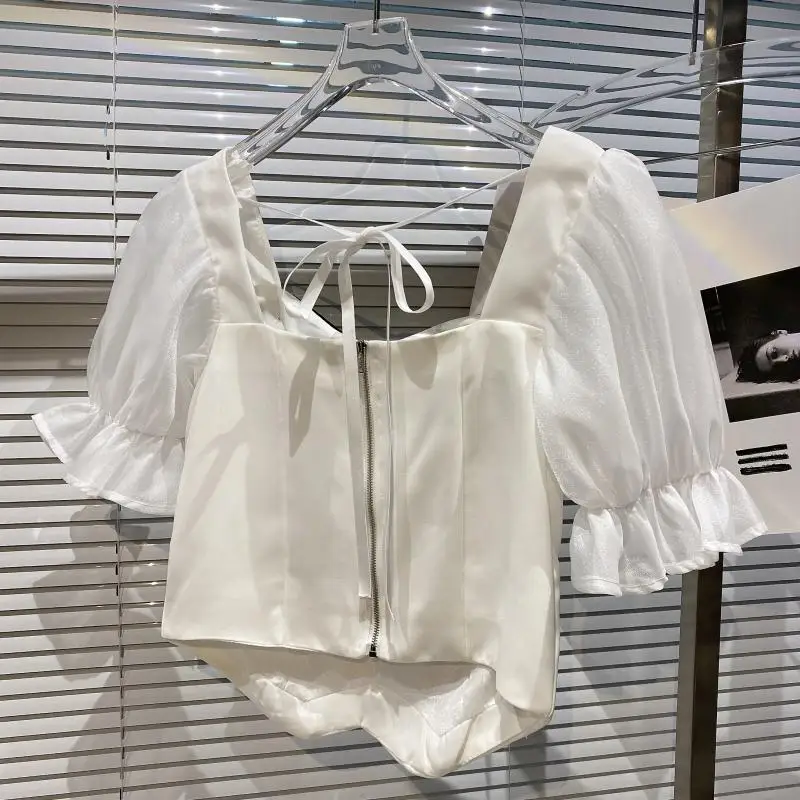 

2021 Summer Short Blouse New Bow Drill Buckle Seersucker Short Sleeve Women-blouses White Temperamental Shirt for Women