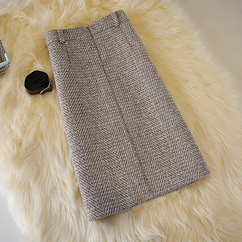 Tweed Woolen Skirt for Women Autumn Winter 2021 New Korean Fashion Black Gray Chic Knee Length High Waist Skirts With Belt | Женская