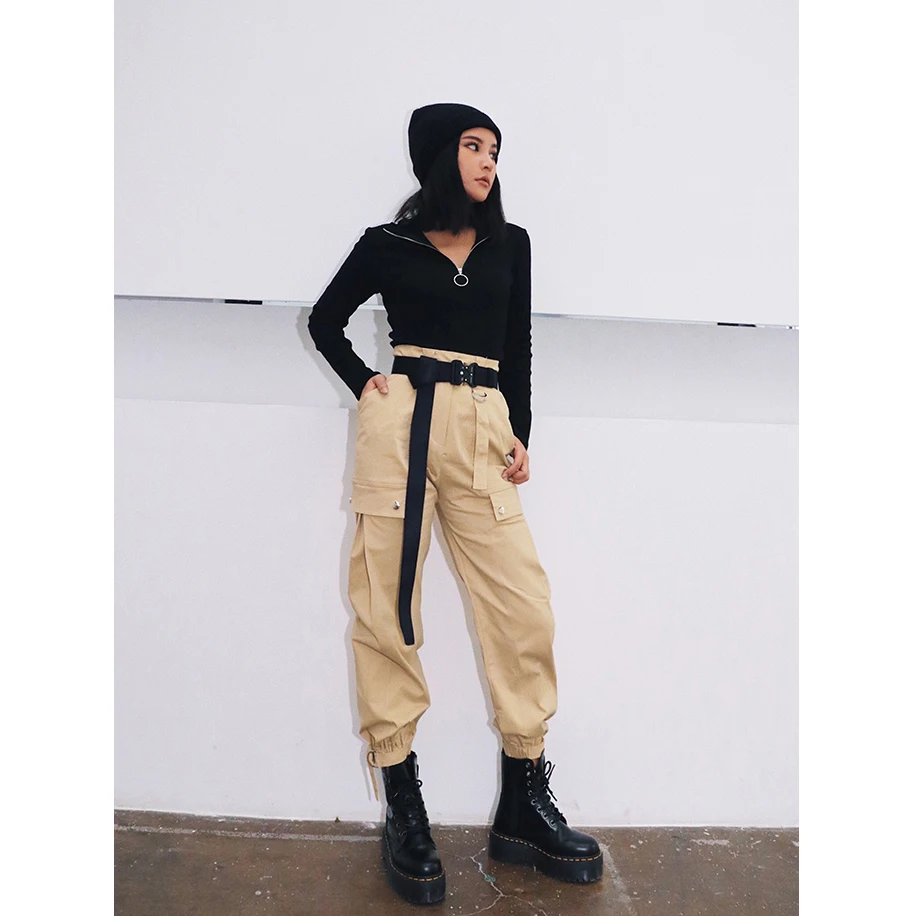 Женские брюки карго с пряжкой повседневные джоггеры черного хаки Amy Green свободные