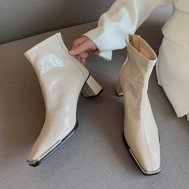 

2021 Women 5cm Block High Heels Ankle Boots Ladies Square Toe Patent Leather Short Boots Booties Winter Warm Fur Boots Shoes