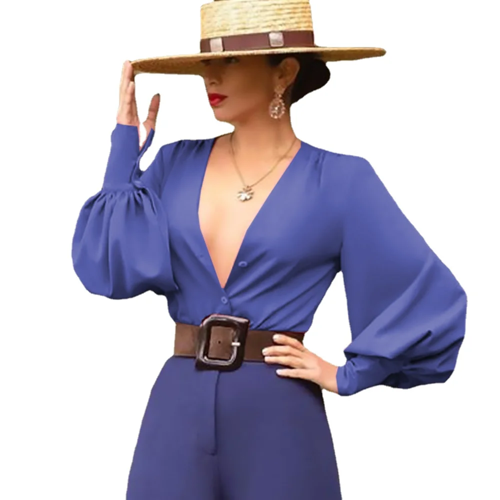 

Women V Neck Blouses Long Lantern Sleeve Sexy Blue Pink White Female Spring Autumn Tops Fashion Shirts Elegant Ladies Classy New