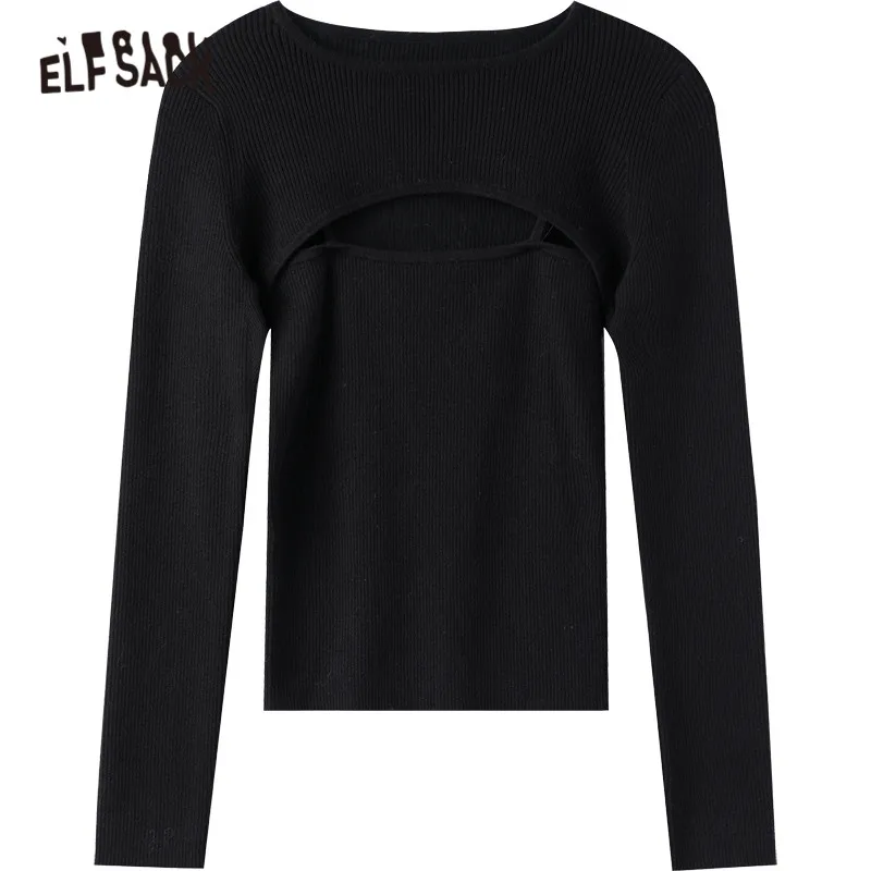 

ELFSACK Solid Pure Hollow Out Casual Knit Pullover Sweaters Women,2021 Winter ELF Vintage Korean Ladies Basic Daily Slim Tops