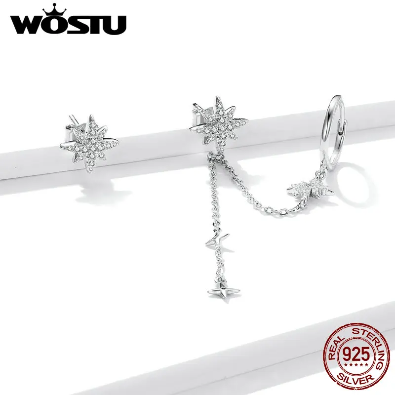 Женские серьги-подвески с сияющими звездами из серебра 925 пробы асимметричный