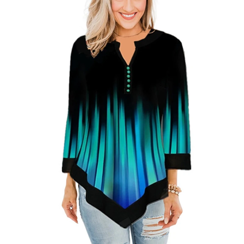 Блузка женская с длинным рукавом V-образным вырезом и принтом | Женская одежда