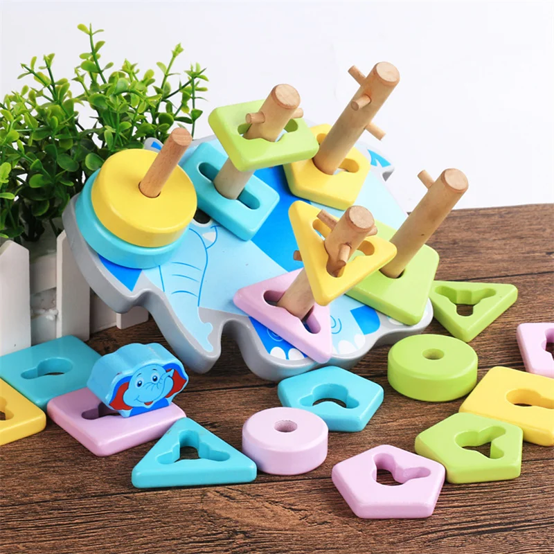 

Wooden Children's Early Education Puzzle Cartoon Animal Shape Five Sets Of Column Building Blocks Matching Toy