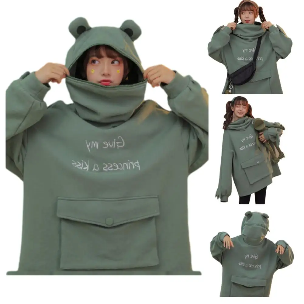 Бархатный свитер с трехмерной милой лягушкой пуловер пальто карманами аниме