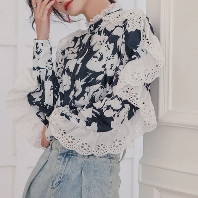 Модная ретро Лоскутная кружевная выдалбливающая Асимметричная женская рубашка