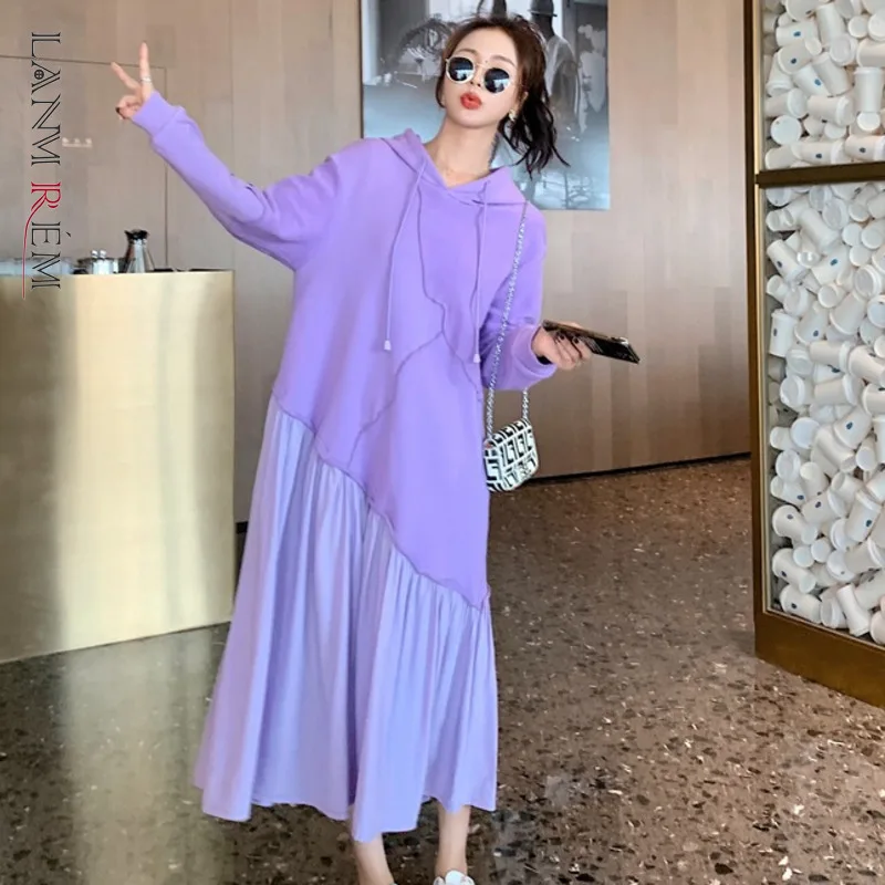 

LANMREM 2022 New Women Autumn Drawstring Hooded Patchwork Hem Purple Color Loose Long Sleeve Casual Dress 2J457