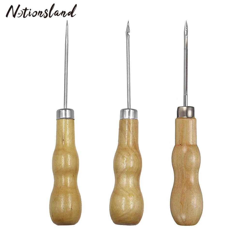 

1Pc Professional Leather Wood Handle Awl Leather Craft Tools Shoe Repair Supplies Punching Sewing Needle Hook Tool Accessories