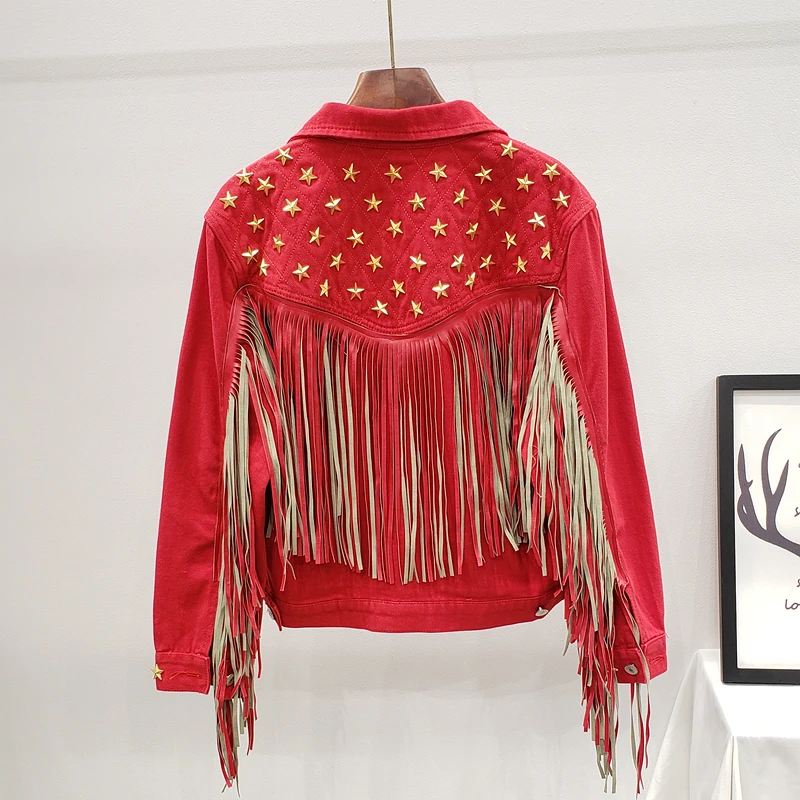 

2020 Autumn Women Basic Coat Denim Jacket Five-pointed Star Rivet Tassel Jeans Jacket Female Loose Casual Outwear Plus Size P681