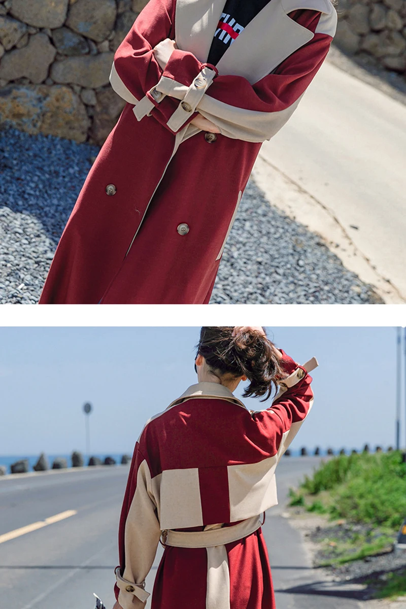 

Trench Coat Women Hit Color Lacing Long Length Slim Lapel Collar High Street Windbreak 2020 New Autumn Fashion C423