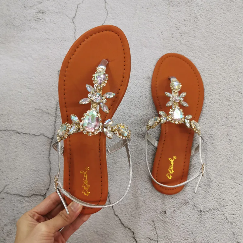

2020 Trendy Summer Women's Shoes Large Size Beautiful Crystal Shiny Flat with Female Sandals Bohemia Back Strap Footwear