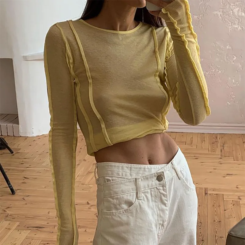

Spring Autumn Edible Tree Fungus Sexy See Through Women's Tops Long Sleeve Elegant Slim Top Tees Basic Clothes