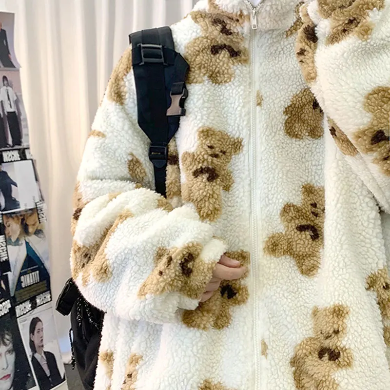 

Пуловер на молнии с капюшоном, Свитшот в стиле хип-хоп из овечьей шерсти, Мужская свободная парная куртка с принтом медведя, зимняя уличная о...