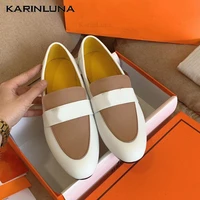 karinluna fashion split leather comfy walking chunky heels trendy slipper black white loafers flat woman mules shoe office dress