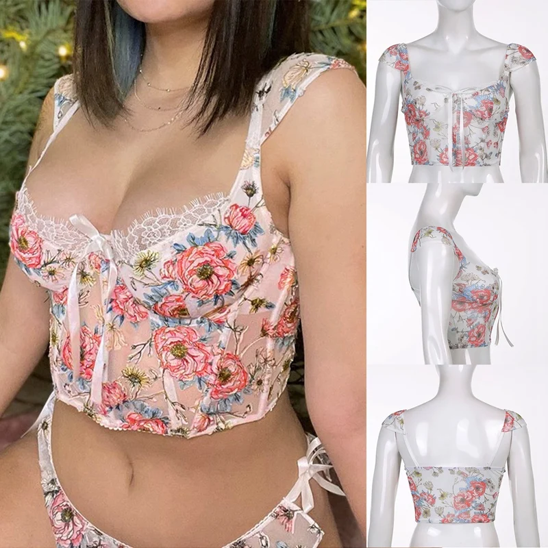 

Cute Floral Print Cropped Baby Tee Y2K Fashion Lace Tie Up Sweet Kawaii Corset Top Sleeveless V Neck Tanks