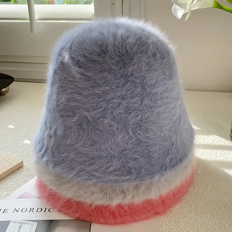 

New Winter Women Fashion Solid Color Rabbit Fur Hat Bucket Hat Fisherman Hat Outdoor Warm Basin Hat Ladies Panama Bucket Hat