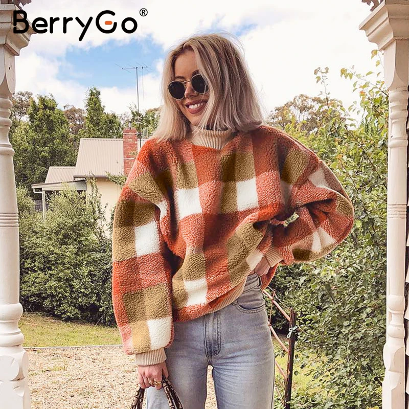 BerryGo повседневные женские толстовки из овечьей шерсти в клетку, свитшоты, пуловер с круглым вырезом, свободный женский свитер, осенне-зимнее женское теплое пальто