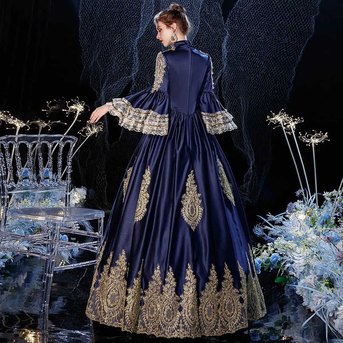 

Birthday Party Dress Long Flare Sleeve Navy Blue Lace Medieval Renaissance Masquerade Party Ball Gowns Theater Costumes