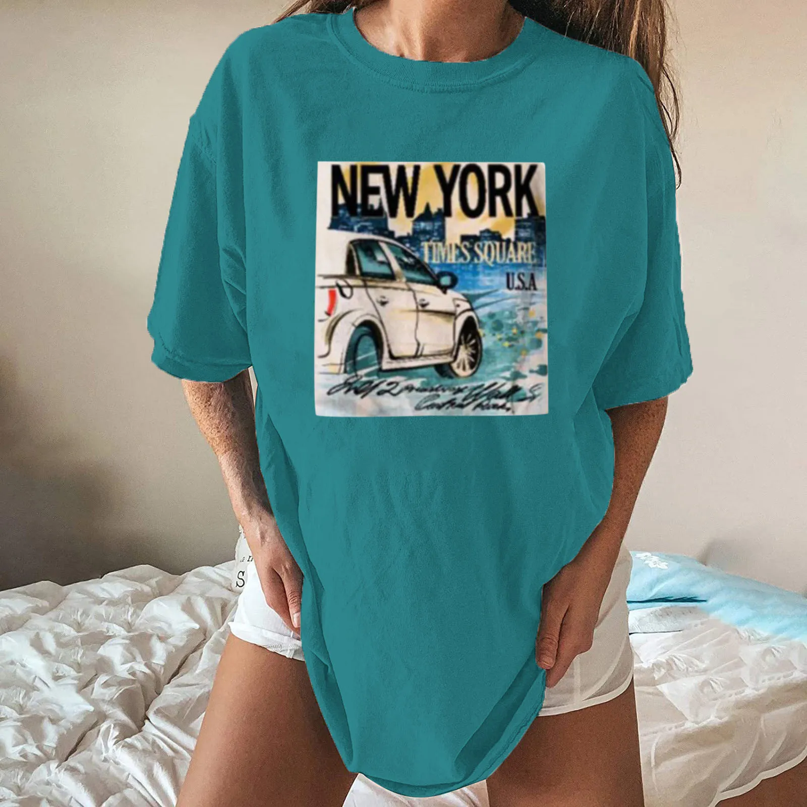 

Футболка женская в стиле оверсайз, винтажный Повседневный Топ с коротким рукавом, с принтом "Нью-Йорк", в стиле Харадзюку, на лето