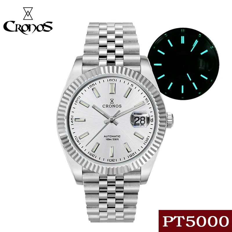 

Cronos Date Luxury Men Watch Stainless Steel 5 Links Bracelet Copper-Nickel Plated Bezel 100m Water Resistant Sapphire