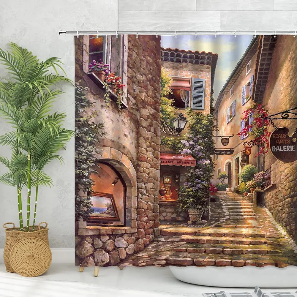 

Retro European Town Shower Curtain Mediterranean Historical Building Old Street Scenery Stone Rock House Bathroom Curtain Hook
