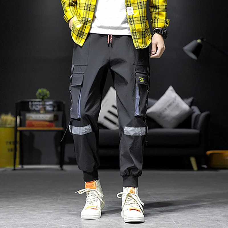 

Streetwear Hip Hop Cargo Pants 2021 Spring Mens Baggy Pockets Ribbon Joggers Pants Men Japanes Style Black Harem Pants M-XXXL