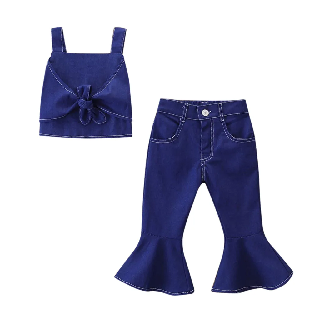 2019 новый комплект модной одежды для маленьких девочек джинсовая рубашка с бантом