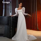 Простое шелковое атласное свадебное платье-трапеция Verngo 2021, корейские платья невесты с длинными рукавами-фонариками и квадратным вырезом со шлейфом, индивидуальный пошив