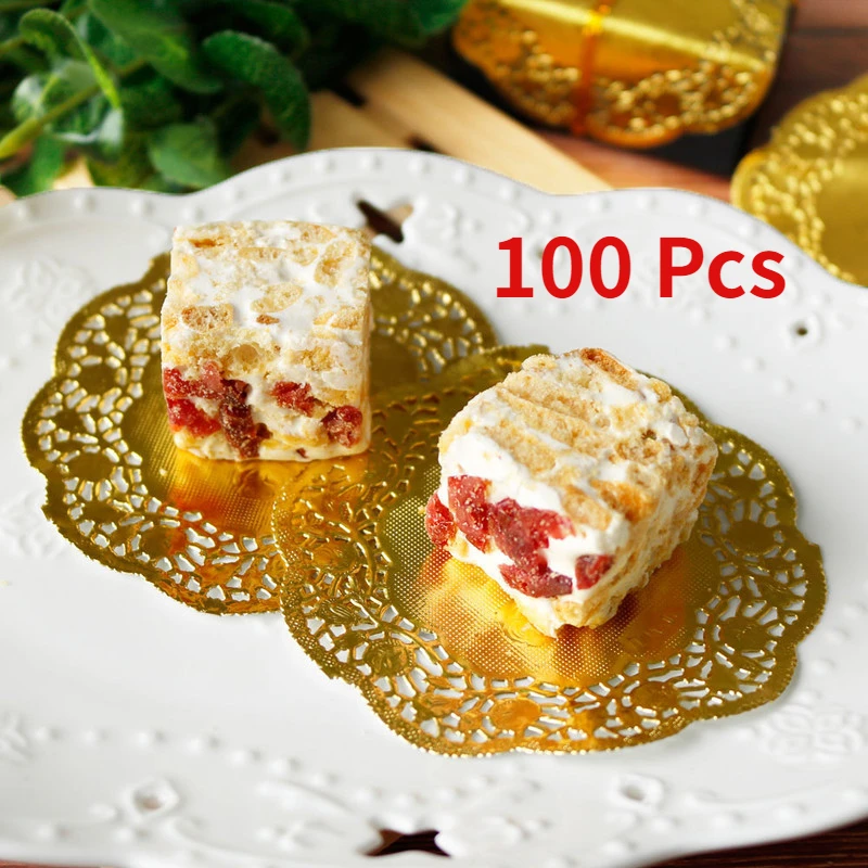 

100pcs Gold Paper Doilies Napkin Pads Hollowed Lace Paper Mat Lace Doily Coasters Placemat Party Wedding Decorations