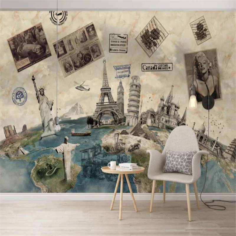 beibehang Custom luxury home decor Marble nostalgic travel world poster earth classic building wallpapers background wall paper