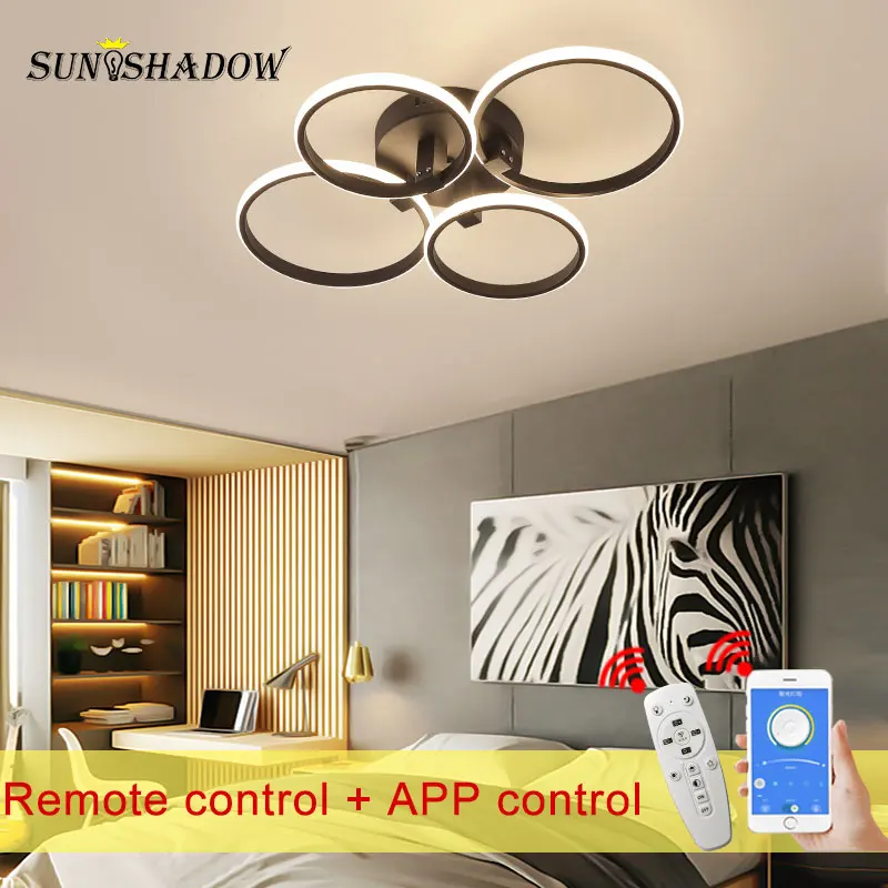 Lámpara Led de techo moderna para sala de estar, comedor, dormitorio, mando a distancia con aplicación regulable, 110V, 220V, círculos, blanco y negro