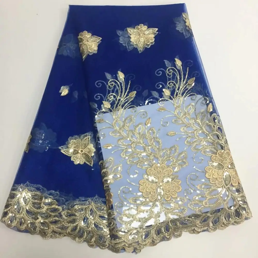 2019 Сапфировая синяя кружевная ткань Высококачественная бархатная африканская с