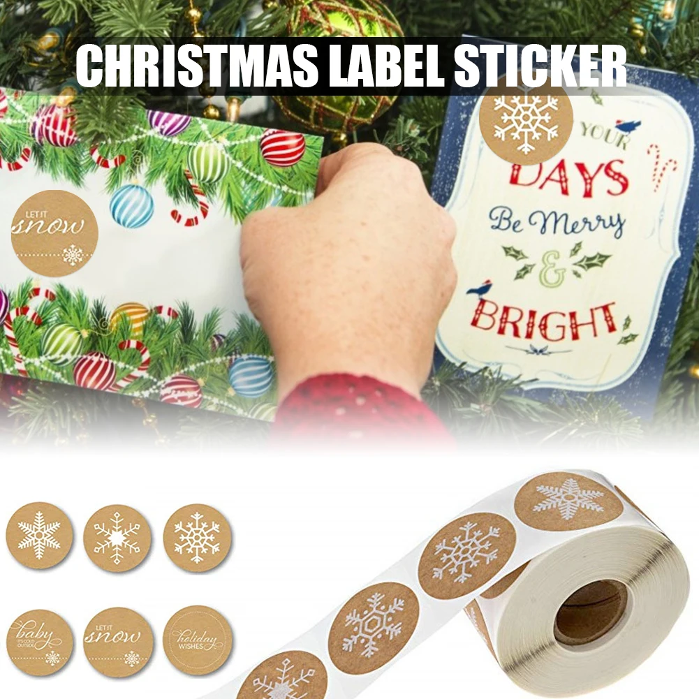 

500PCS/roll Christmas Snowflake Sticker Gift Packaging Label Round Kraft Paper Sticker New Year Party DIY Gift Envelope Decor