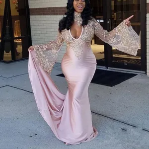 Evening Formal Gowns Pink Sheer Sleeves Evening Dress Appliques robe de soiree longue Evening Dresses Party abendkleider abiye