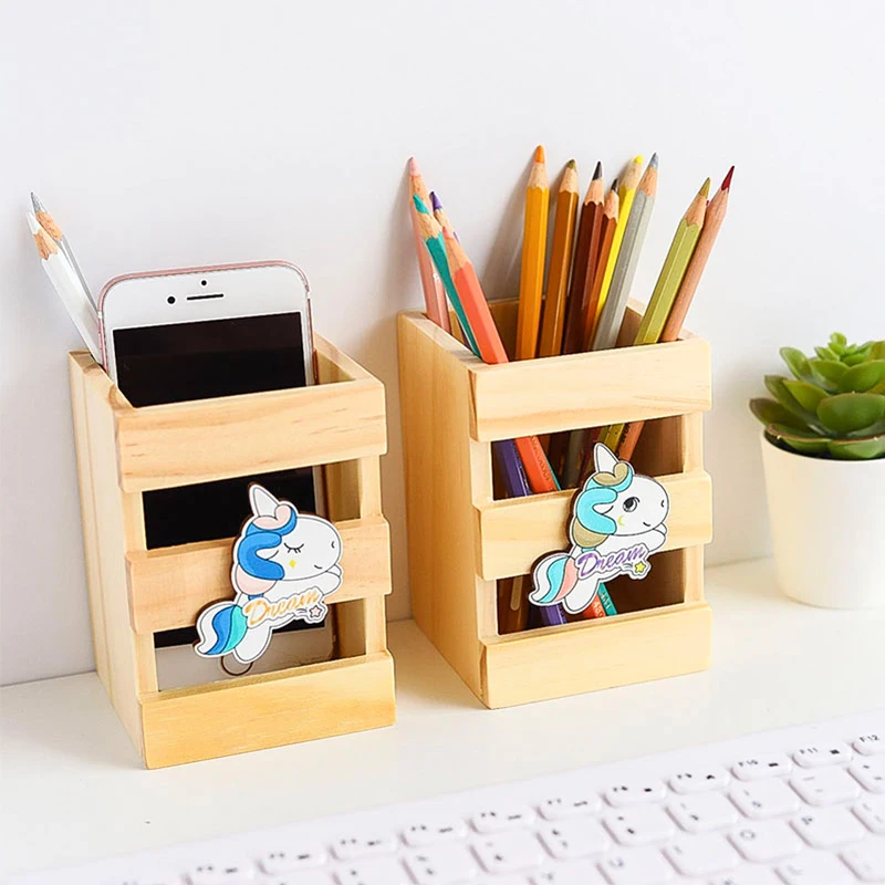 

Cartoon Unicorn Pencil Box Retro Wooden Stationery Box Portable Pen Pencil Storage Pot Holder Cosmetic Brush Box Desk Organizer