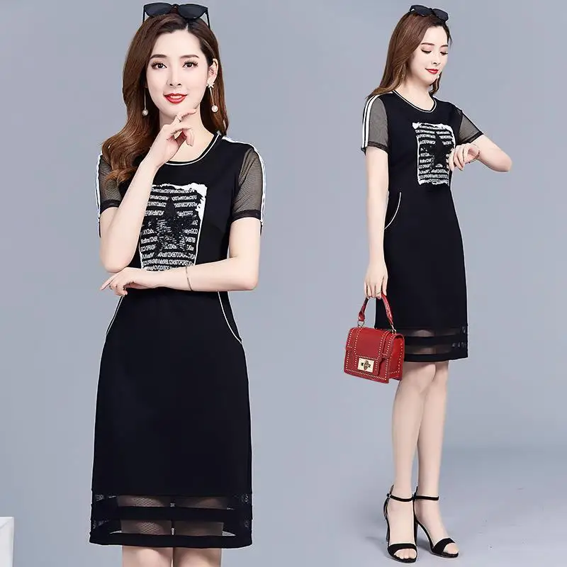 

Loose Elegant Women's Dress Summer spring O-Neck Short Sleeve A-Line Women's Dress star black Female Clothes SS3438
