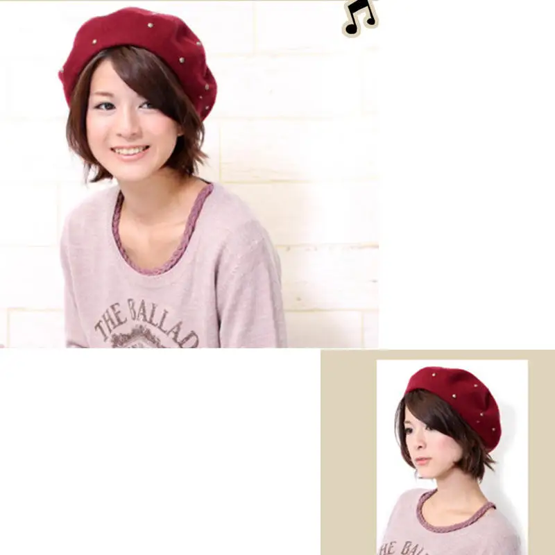 

Jiexijie Spring Winter Wool Rivet Beret Multicolor Retro Ladies Autumn Casual Maoni Hat 100% Real Wool Beret Girl Gift for Women