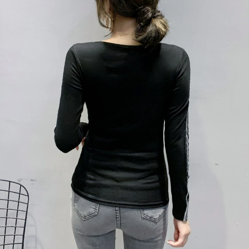 

Fall Winter European Clothes T-shirt Chic Sexy V-Neck Transparent Shiny Diamonds Women Tops Ropa Mujer Cotton Tees Black T09210L