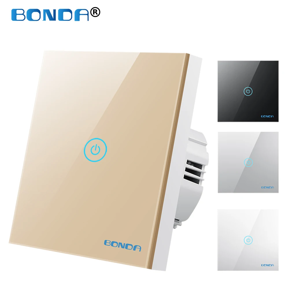 

BONDA Light Switch Sensor Luxury Wall Touch Switches EU/UK Standard 220V Smart Home Crystal Glass Panel 4 Colors Available 1 Way