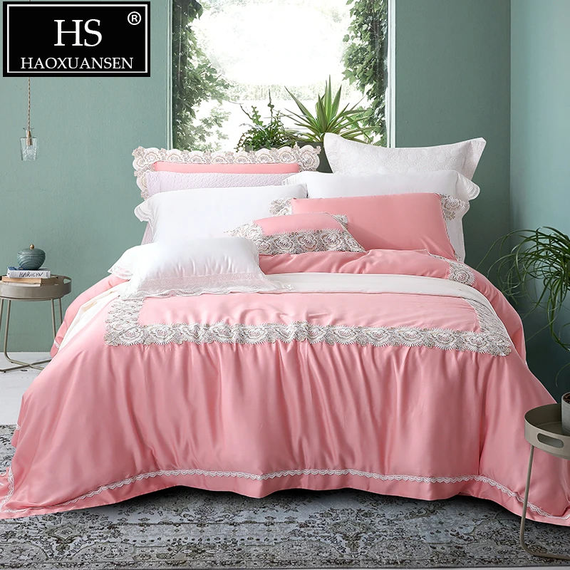 

Luxury Pink 100% Lyocell Tencel Lace Bedding Sets Queen King Size 4 Piece High-density Silky Soft Princess Duvet Cover Sheet Set