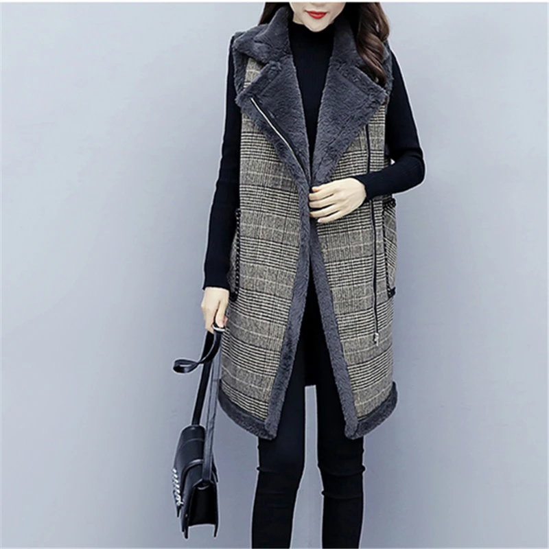 Осень Зима Новый клетчатый длинный шерстяной жилет для женщин плюс бархатный
