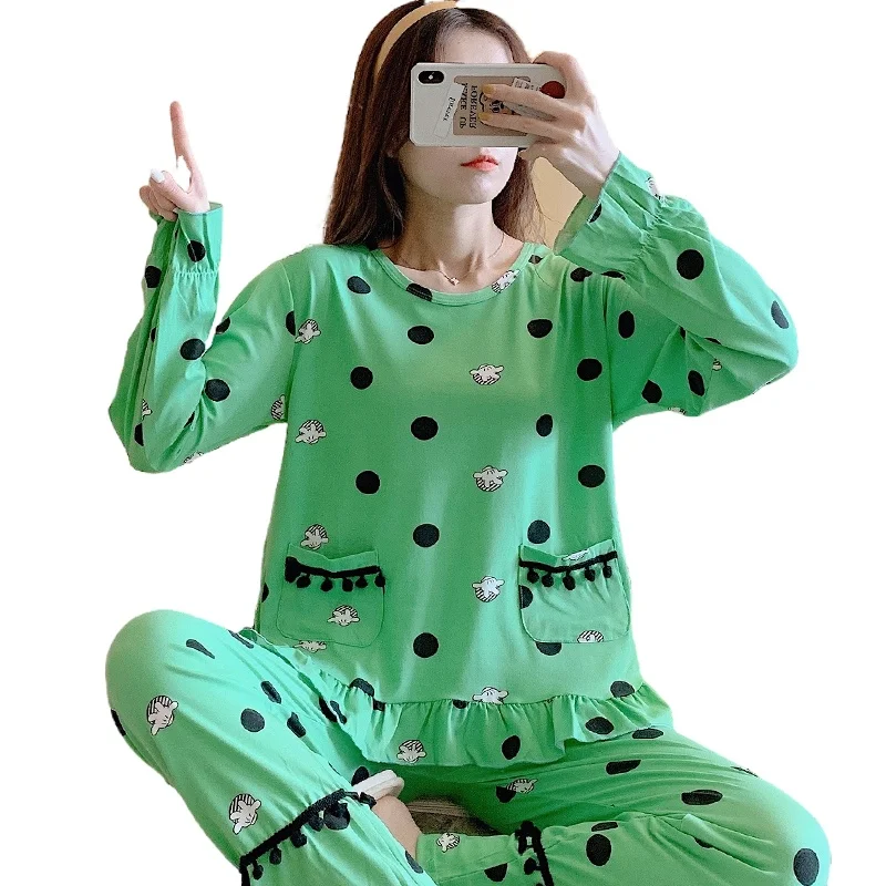 

2021 WAVMIT Long Sleeve Pajamas Polyester Set Women Sleepwear 2Pcs Nightwear for Women Sleepwear Long Pant Home Cloth for Girl